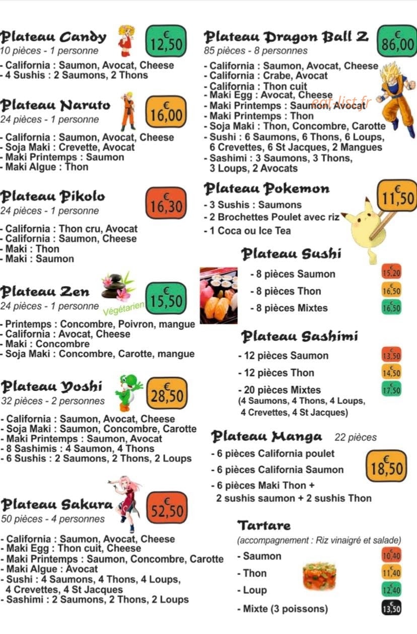 Carte et menu de Sushi manga à La Roquette sur Siagne — Plateaux et tartare