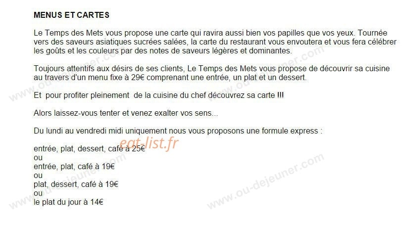 Le Temps Des Mets — carte page 1