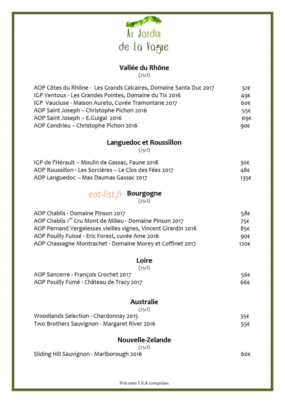 Au Jardin de la Vague — carte page 9