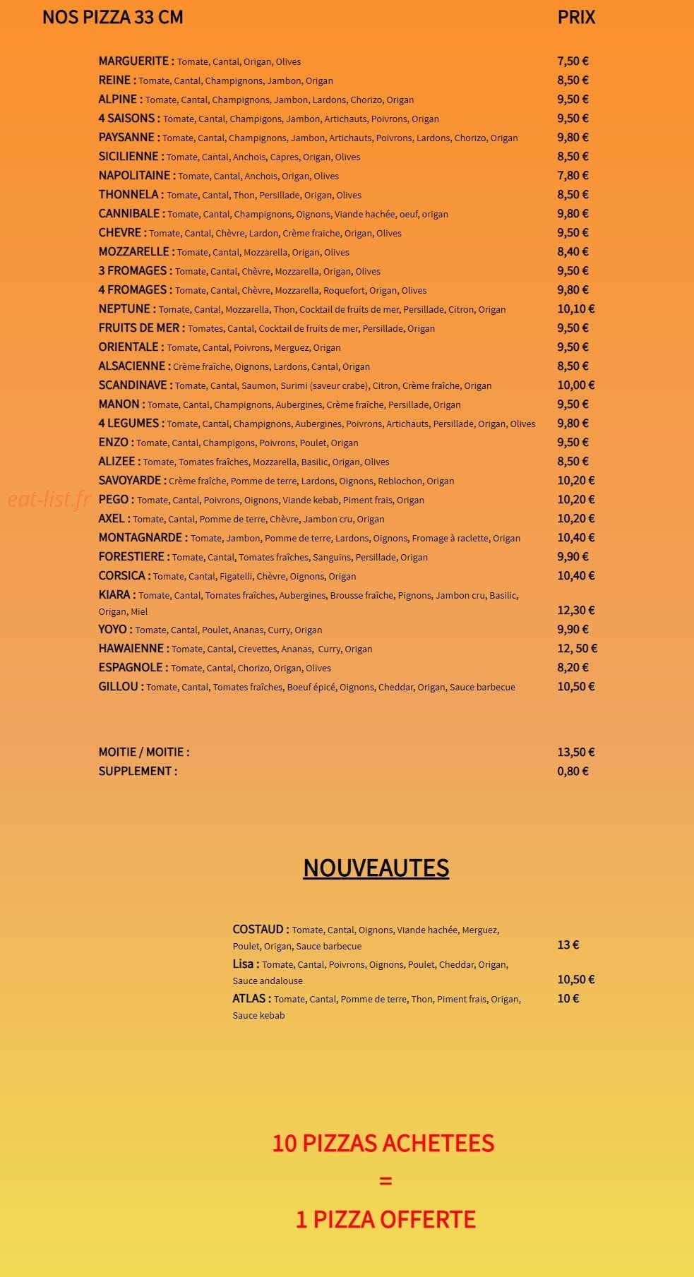 Le chalet à pizza — carte page 1