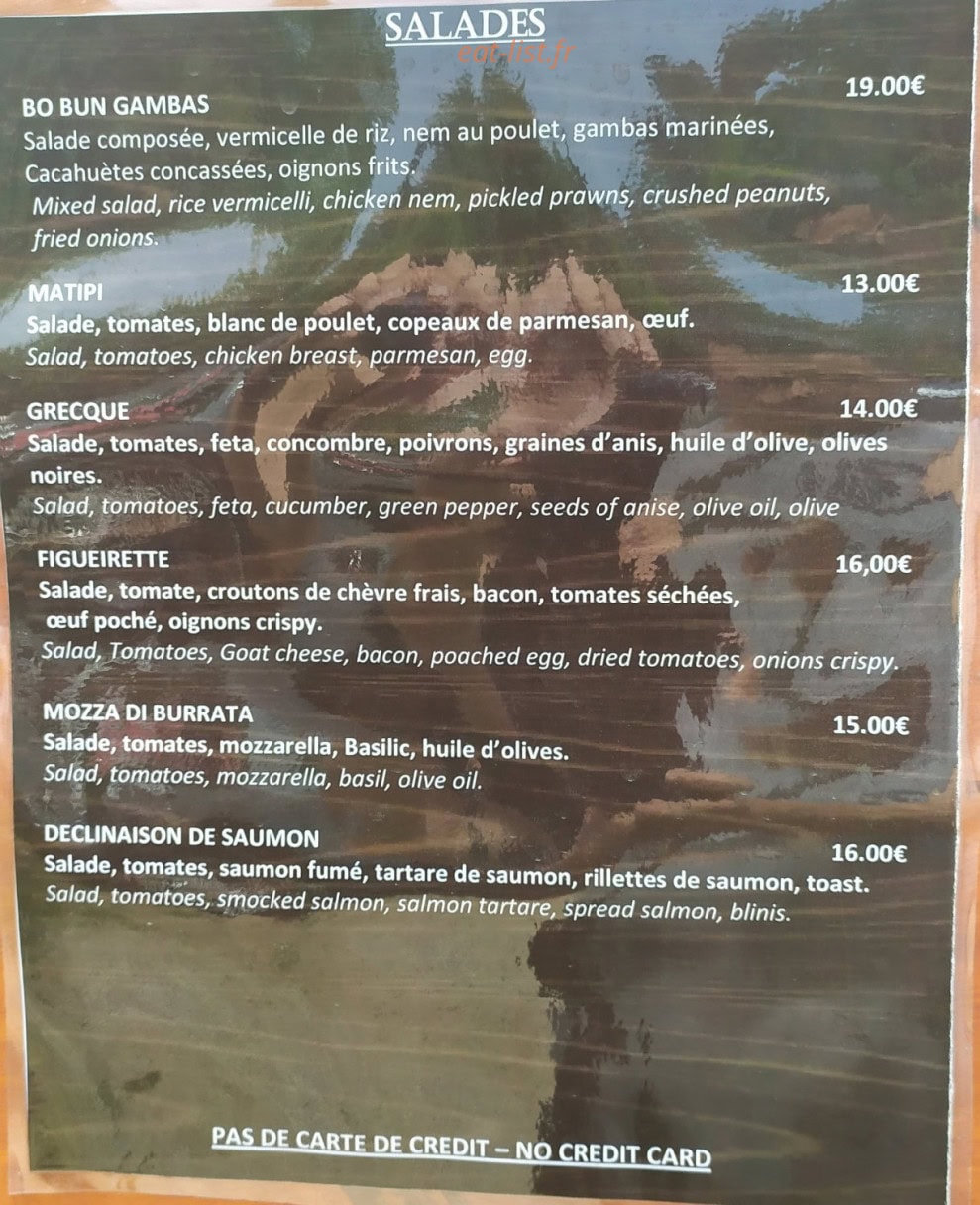 Carte et menu de Matipi à Theoule sur Mer — Les salades