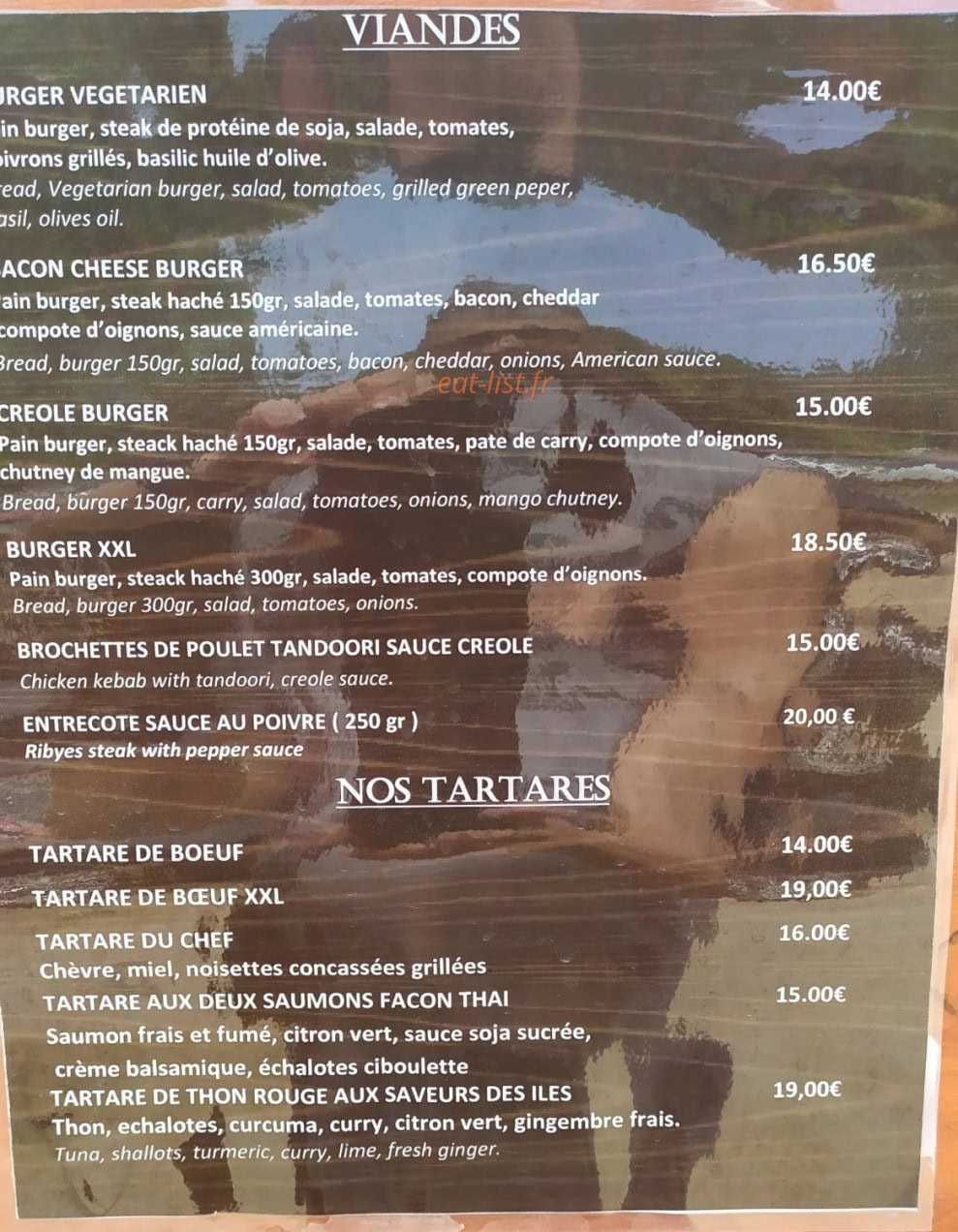 Carte et menu de Matipi à Theoule sur Mer — Les viandes, tartares