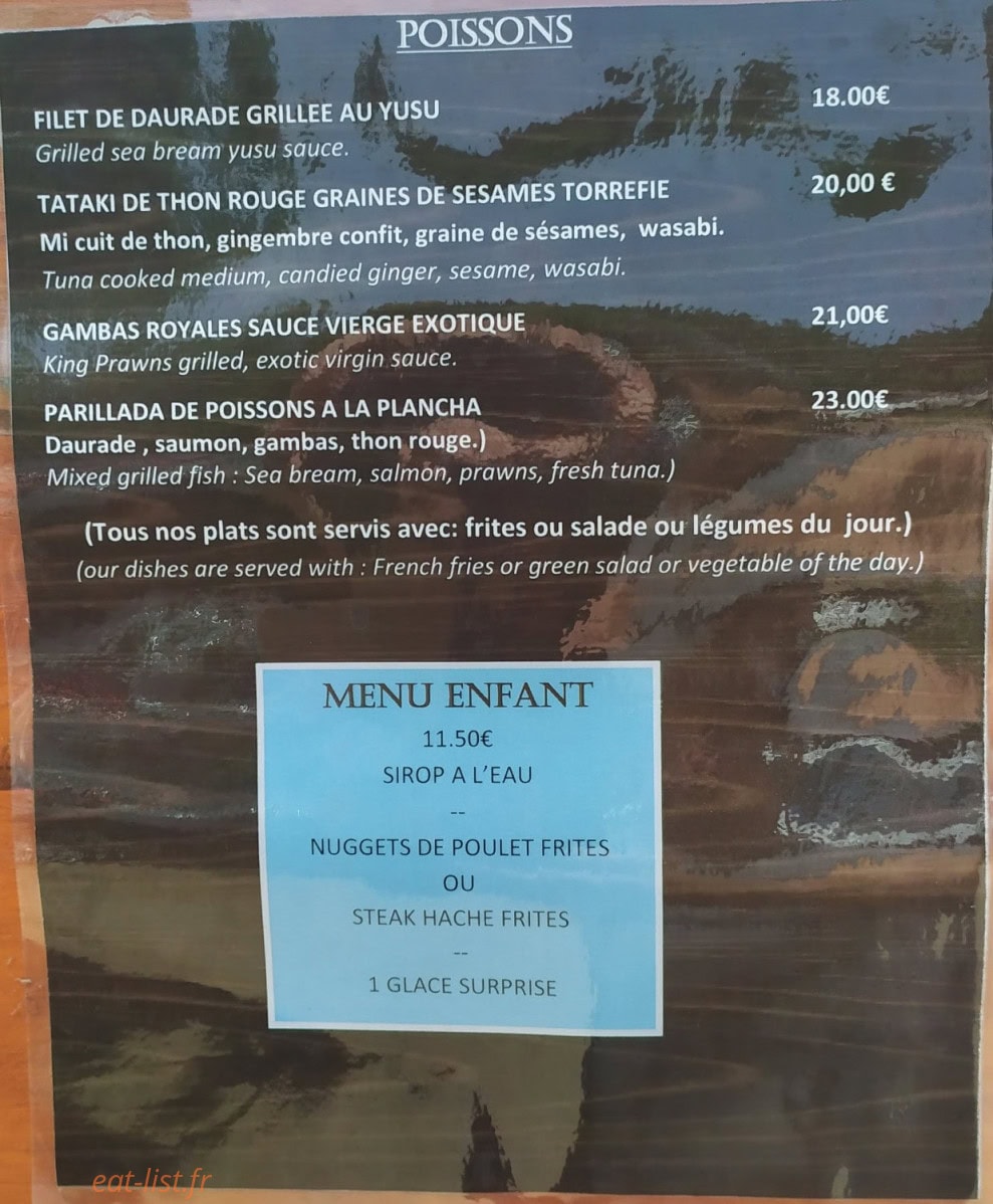 Carte et menu de Matipi à Theoule sur Mer — Les poisson, menu enfant