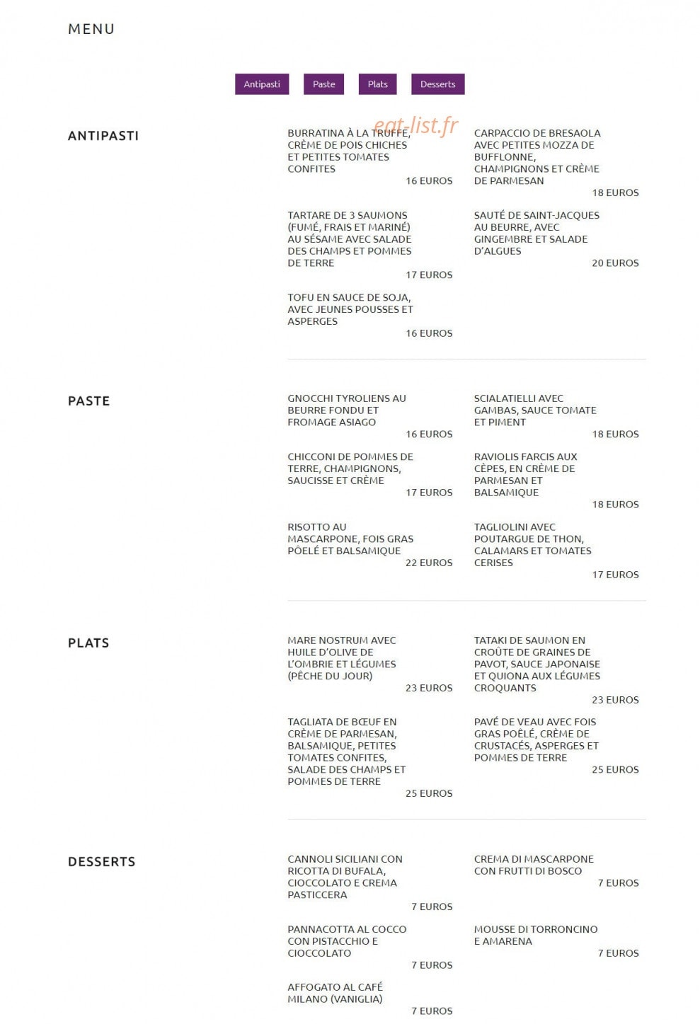 Café Milano — carte page 1
