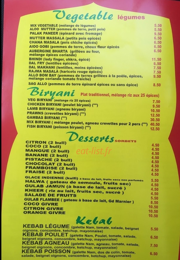 Indian Foods — carte page 1