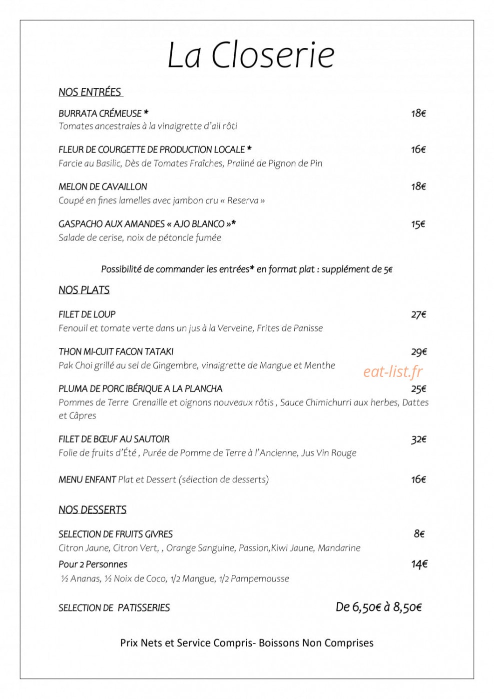 La Closerie — carte page 1