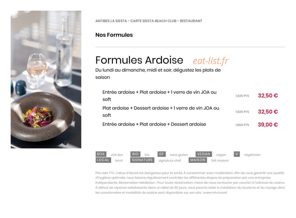 Carte et menu de La Siesta à Antibes — Menu 1