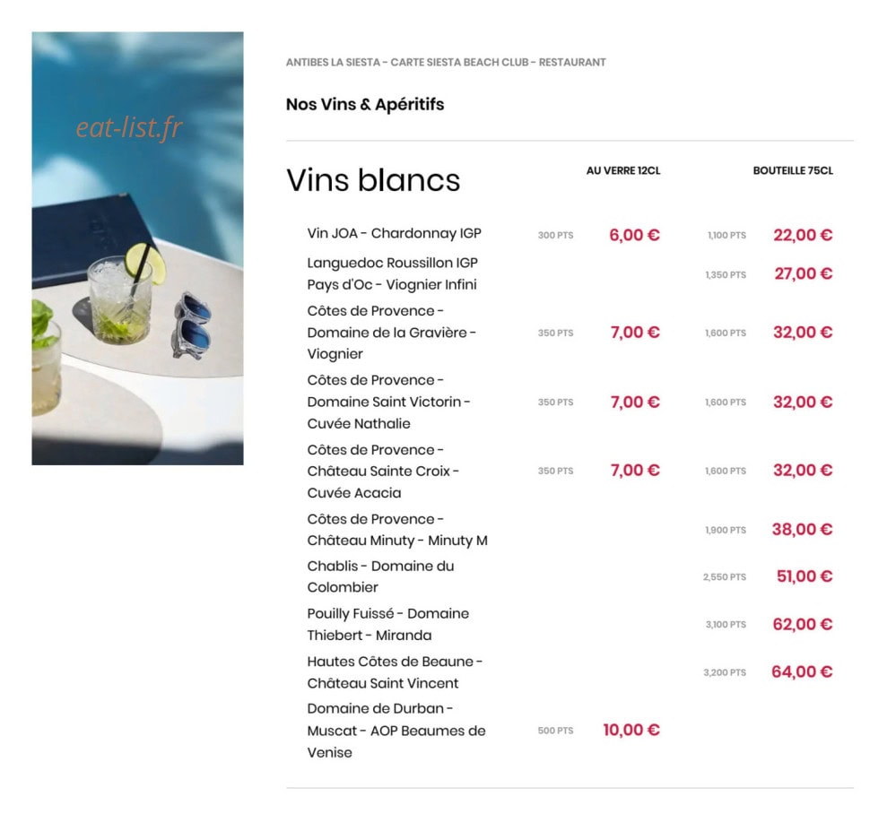 Carte et menu de La Siesta à Antibes — Menu 7