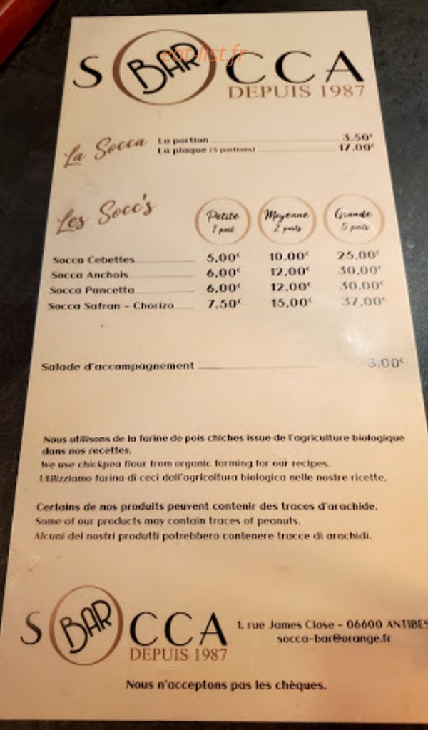 Socca Bar — carte page 1