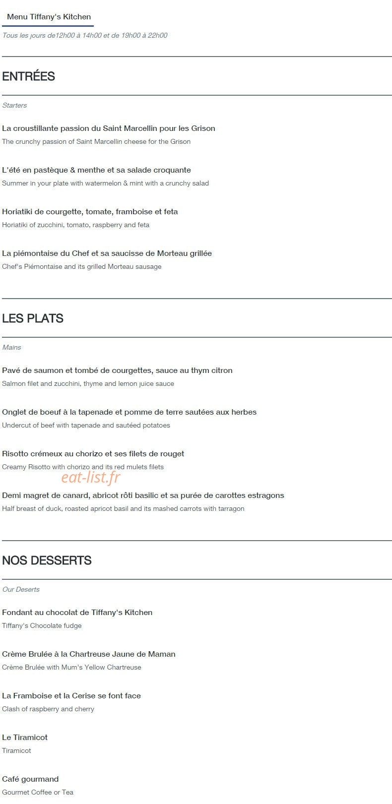 Tiffany's Kitchen — carte page 1