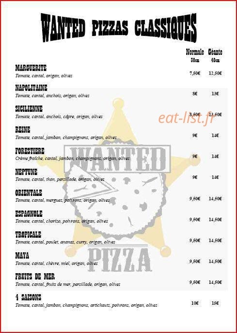 Wanted Pizza — carte page 1