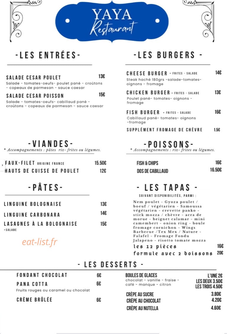 YaYa restaurant — carte page 1