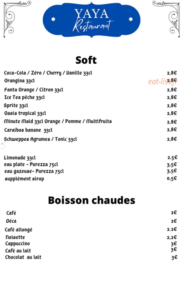 YaYa restaurant — carte page 2