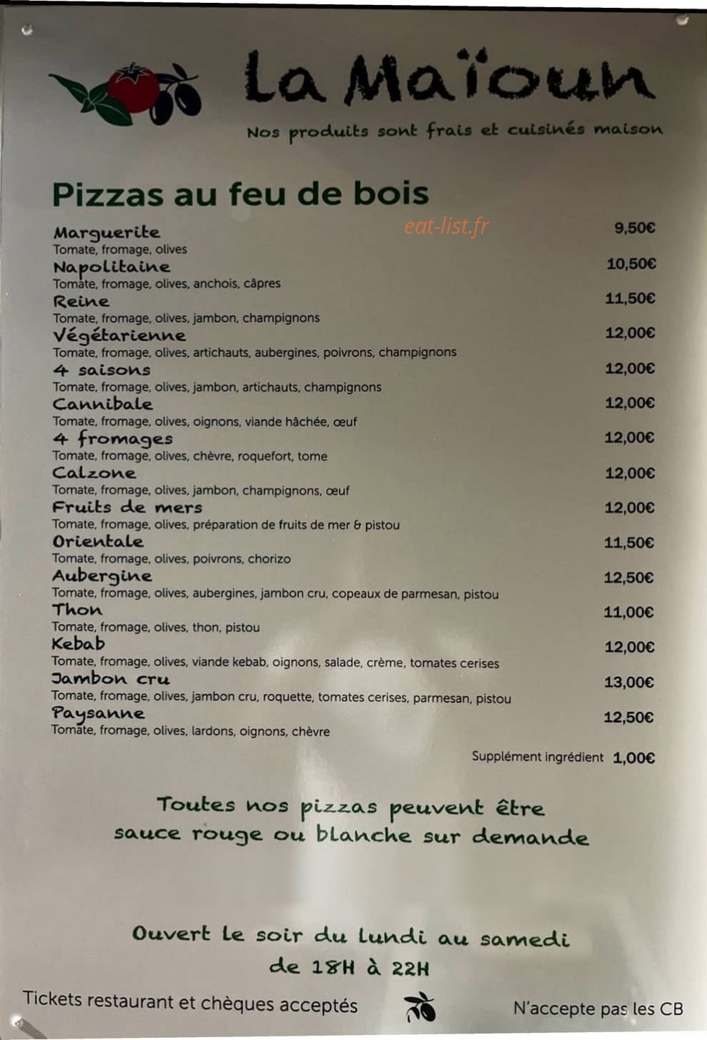 Carte et menu de Pizzeria La Maïoun à La Gaude — Les pizzas