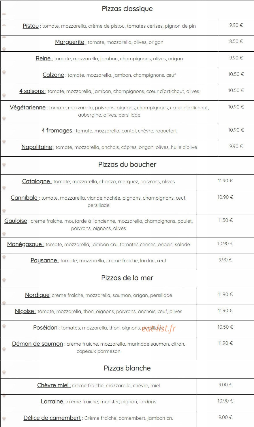 Pistou Pizza — carte page 1