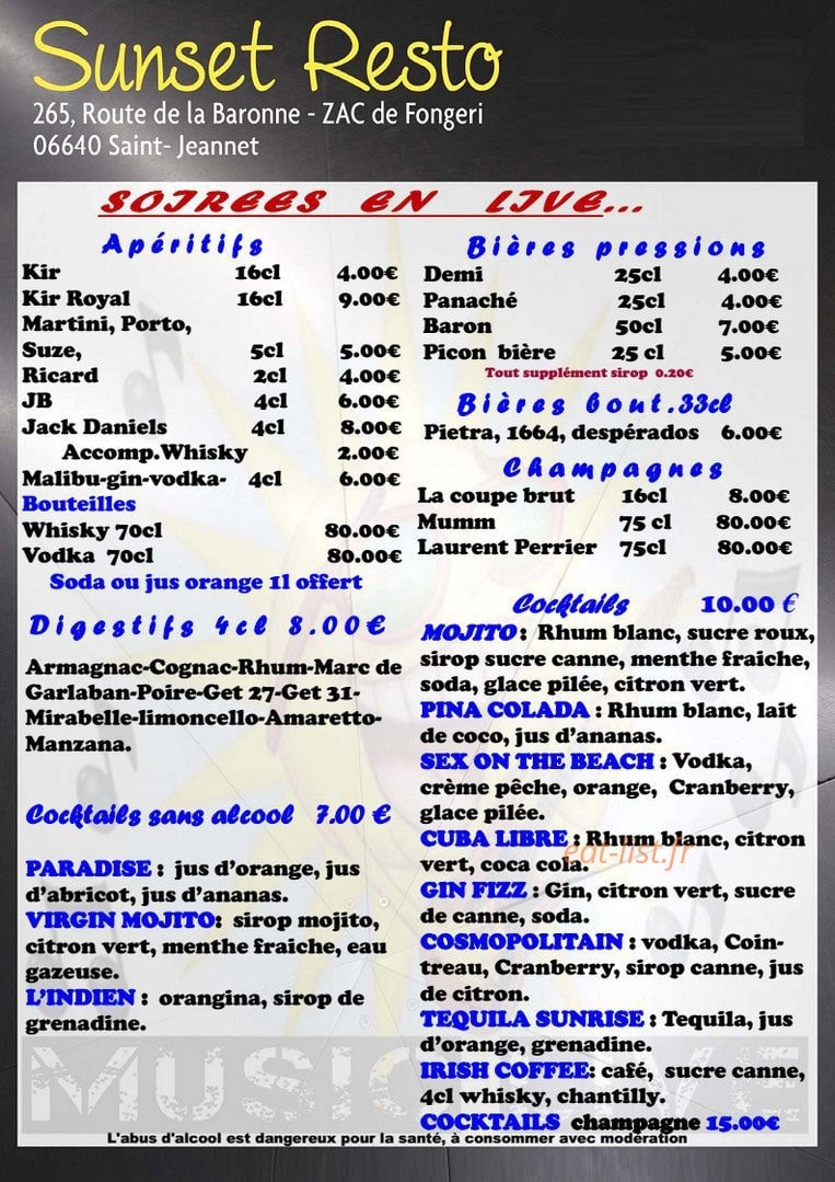 Sunset Resto — carte page 1