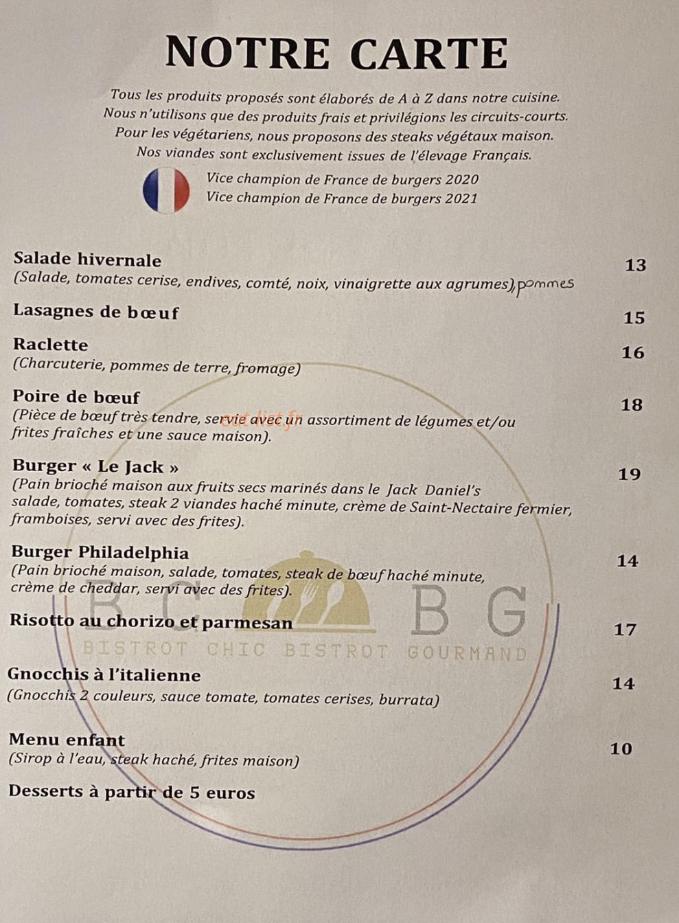 Bistrot Chic Bistrot Gourmand — carte page 1