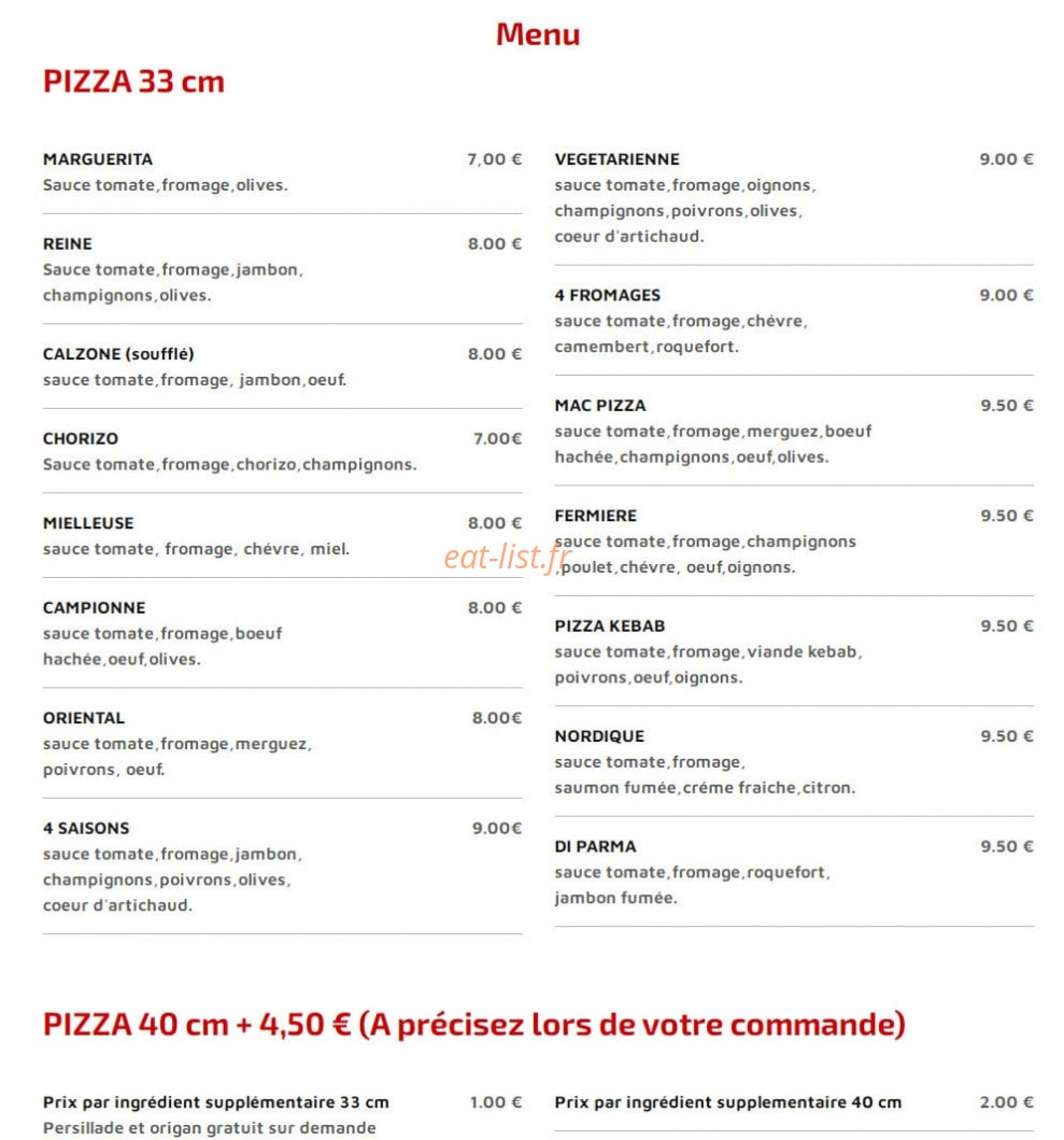 Mac Pizza — carte page 1