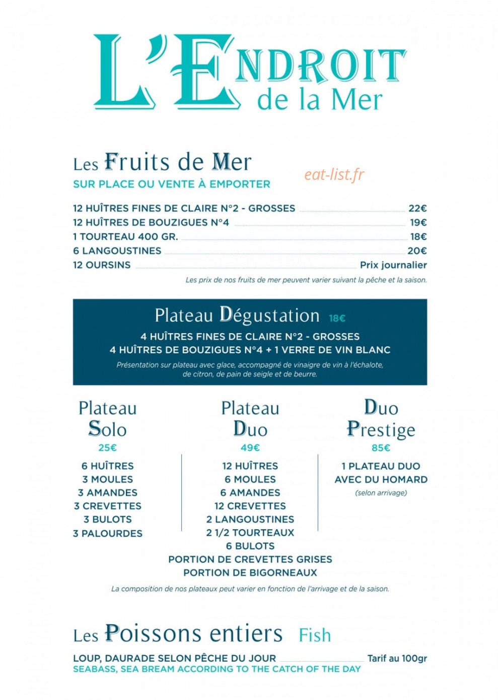 Carte et menu de L’Endroit à Saint Laurent du Var — Les fruits de mer
