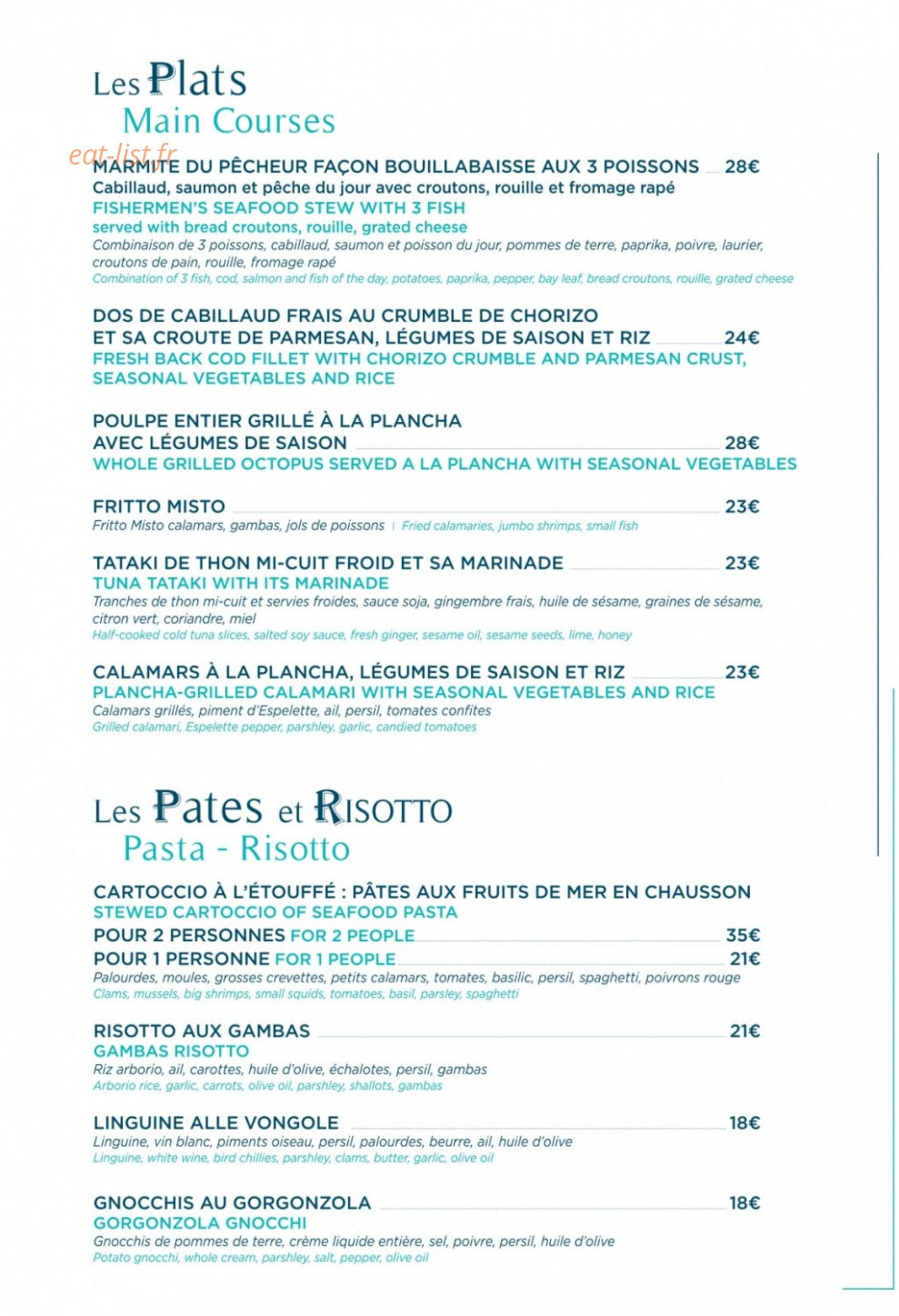 Carte et menu de L’Endroit à Saint Laurent du Var — Les plats et pates
