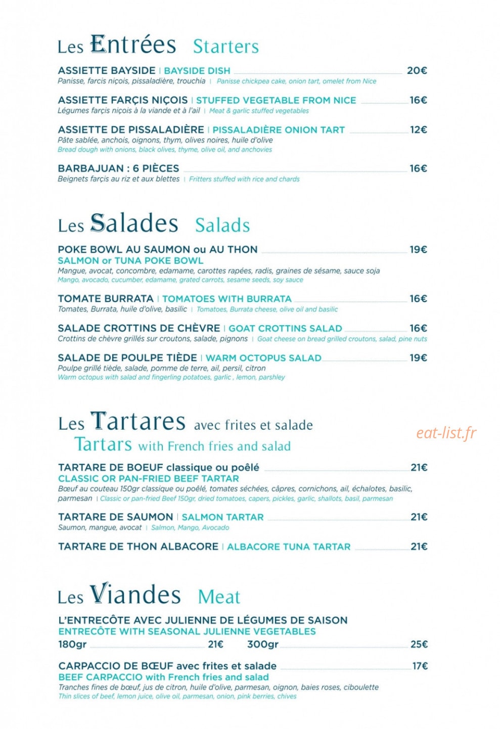 Carte et menu de L’Endroit à Saint Laurent du Var — Les entrées, salades, ...