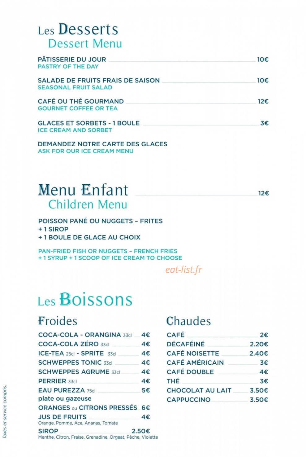 Carte et menu de L’Endroit à Saint Laurent du Var — Les desserts, boissons, ...