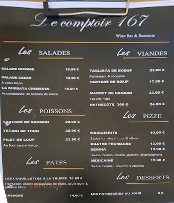 Le Comptoir 167 — carte page 1