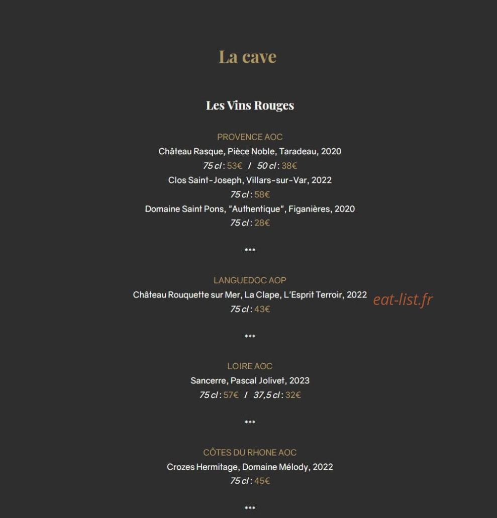Carte et menu de Le Sant'Ana à Saint Laurent du Var — Les vins rouges