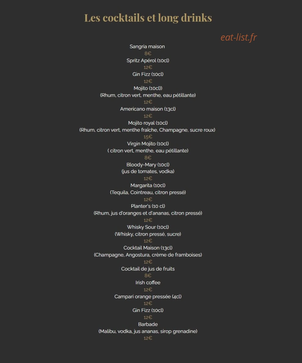 Carte et menu de Le Sant'Ana à Saint Laurent du Var — Les cocktails et long drinks