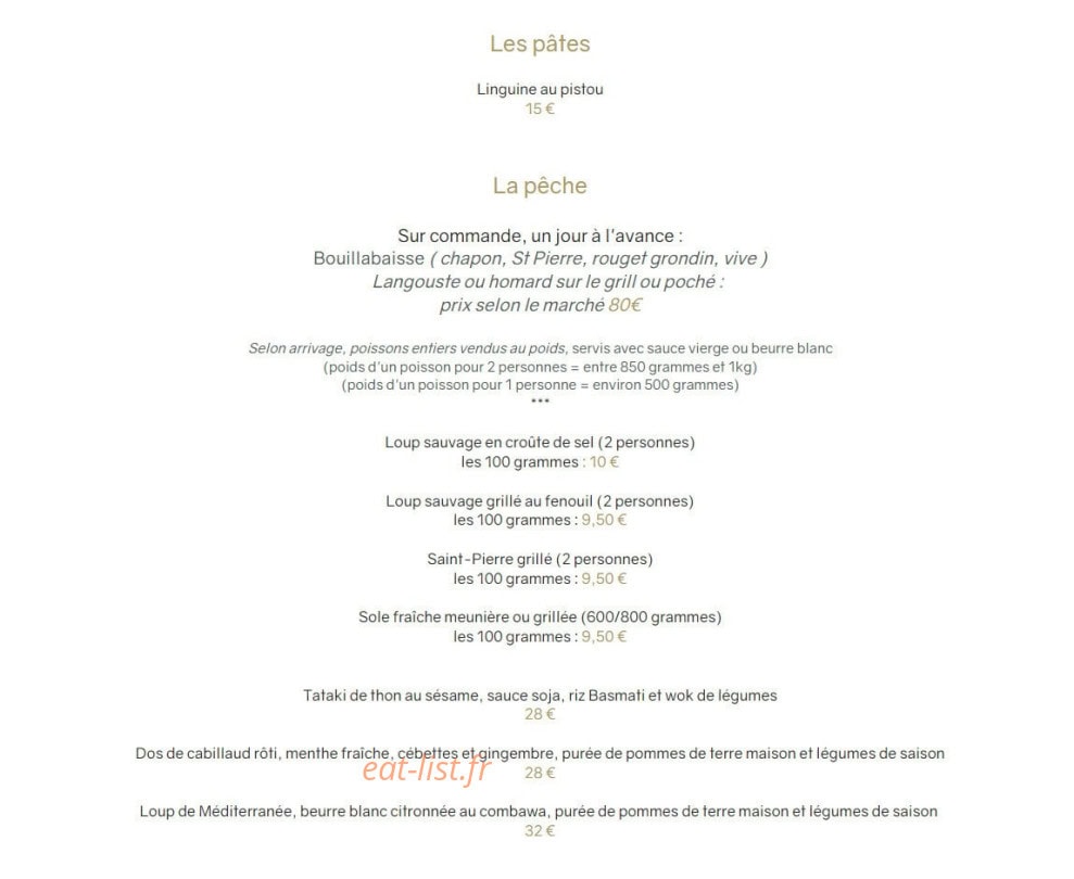 Carte et menu de Le Sant'Ana à Saint Laurent du Var — Les pates et pèches