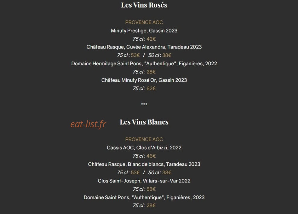 Carte et menu de Le Sant'Ana à Saint Laurent du Var — Les vins rosés et vins blancs