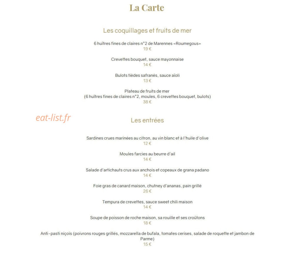 Carte et menu de Le Sant'Ana à Saint Laurent du Var — Les entrées, coquillages et fruits de mer