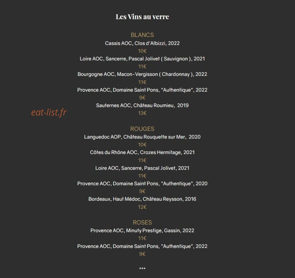Carte et menu de Le Sant'Ana à Saint Laurent du Var — Les vins au verre