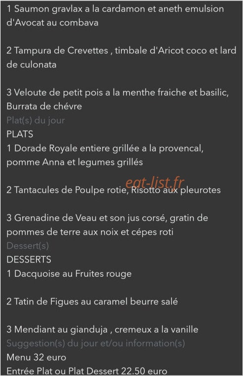 Carte et menu de L ostrea sur mer à Cagnes sur Mer — Exemple de menu