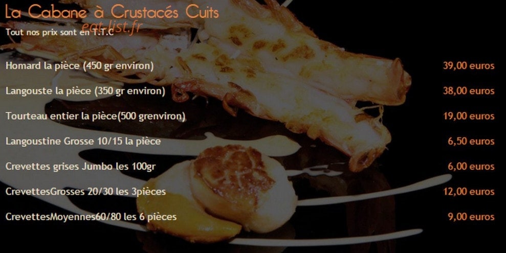 Carte et menu de La Cabane de l'Ecailler à Cagnes sur Mer — La cabane à crustacés cuits