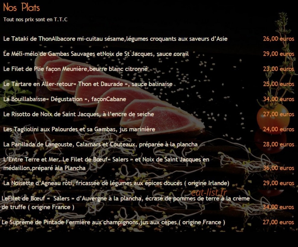 Carte et menu de La Cabane de l'Ecailler à Cagnes sur Mer — Les plats