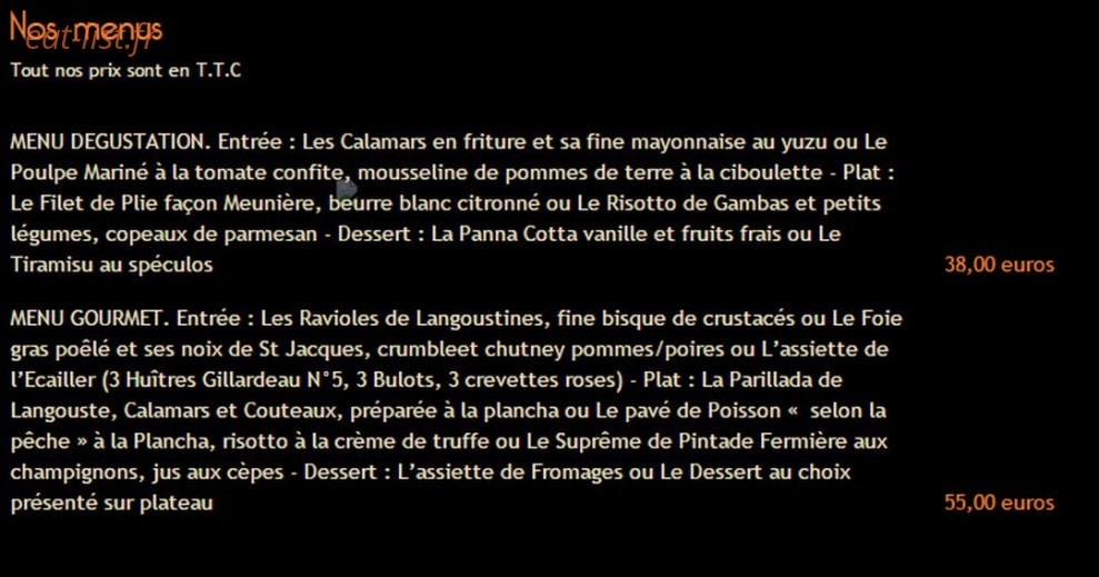 Carte et menu de La Cabane de l'Ecailler à Cagnes sur Mer — Les menus