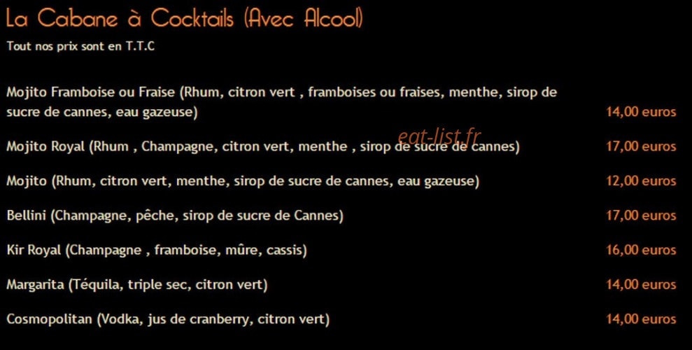 Carte et menu de La Cabane de l'Ecailler à Cagnes sur Mer — Les cocktails avec alcools