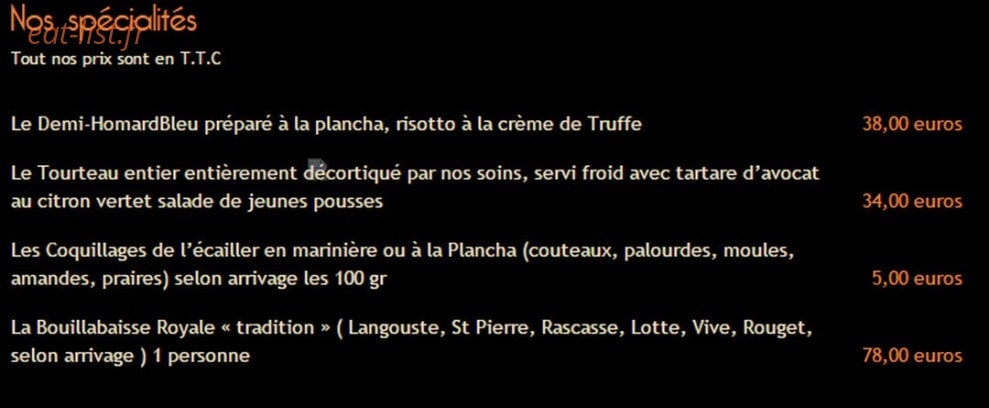 Carte et menu de La Cabane de l'Ecailler à Cagnes sur Mer — Les spécialités