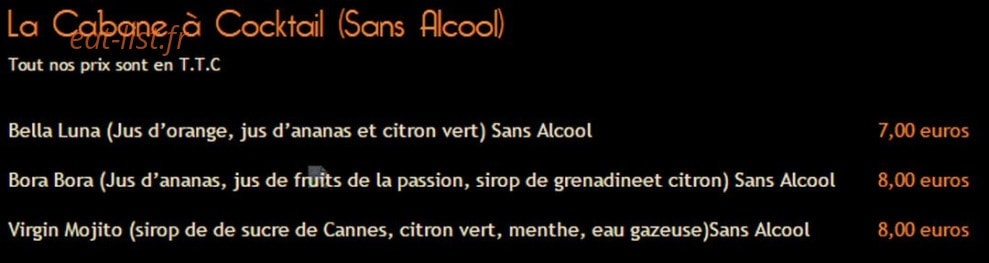 Carte et menu de La Cabane de l'Ecailler à Cagnes sur Mer — Les cocktails sans alcools