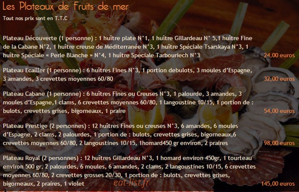 Carte et menu de La Cabane de l'Ecailler à Cagnes sur Mer — Les plateaux de fruits de mer