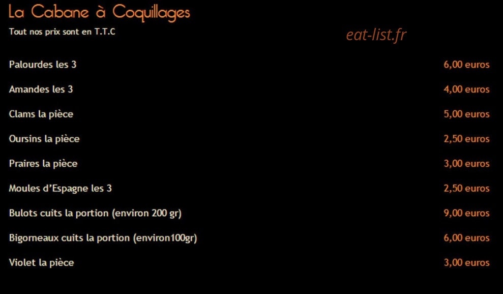 Carte et menu de La Cabane de l'Ecailler à Cagnes sur Mer — La cabane à coquillages