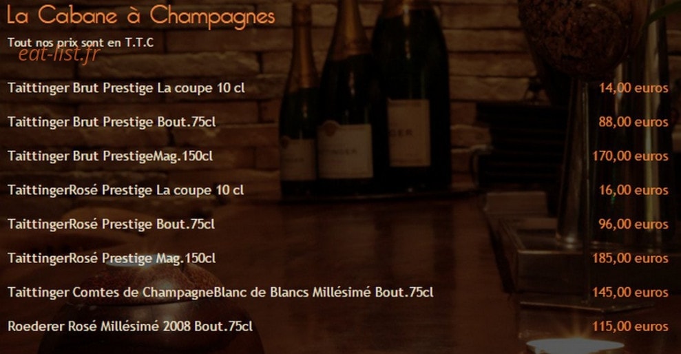 Carte et menu de La Cabane de l'Ecailler à Cagnes sur Mer — Les champagnes