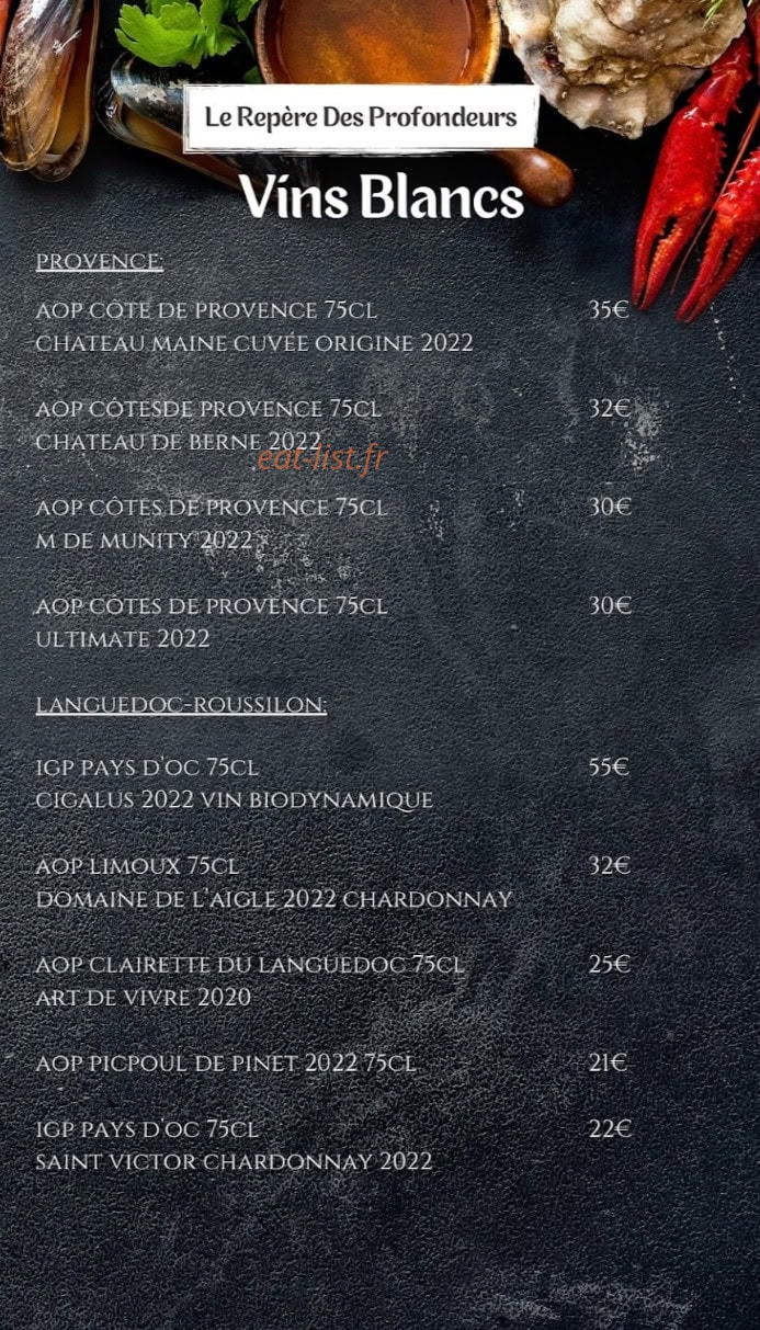 Carte et menu de Le Repère Des Profondeurs à Cagnes sur Mer — Les vins blancs
