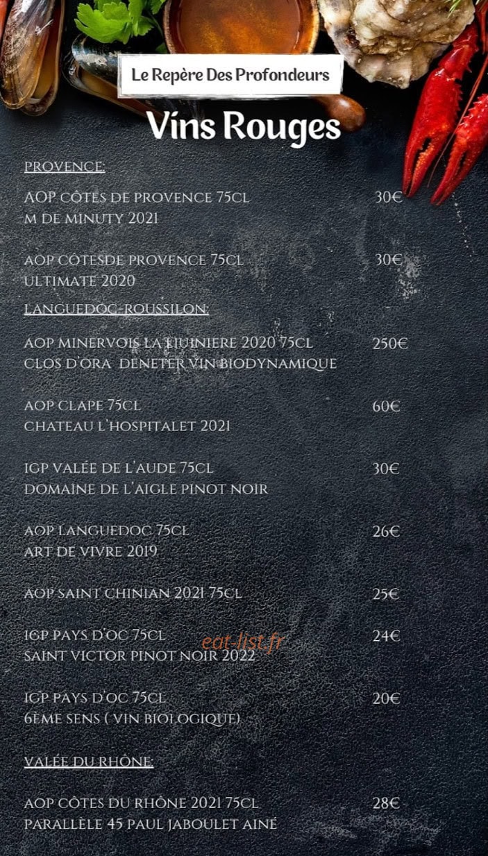Carte et menu de Le Repère Des Profondeurs à Cagnes sur Mer — Les vins rouges