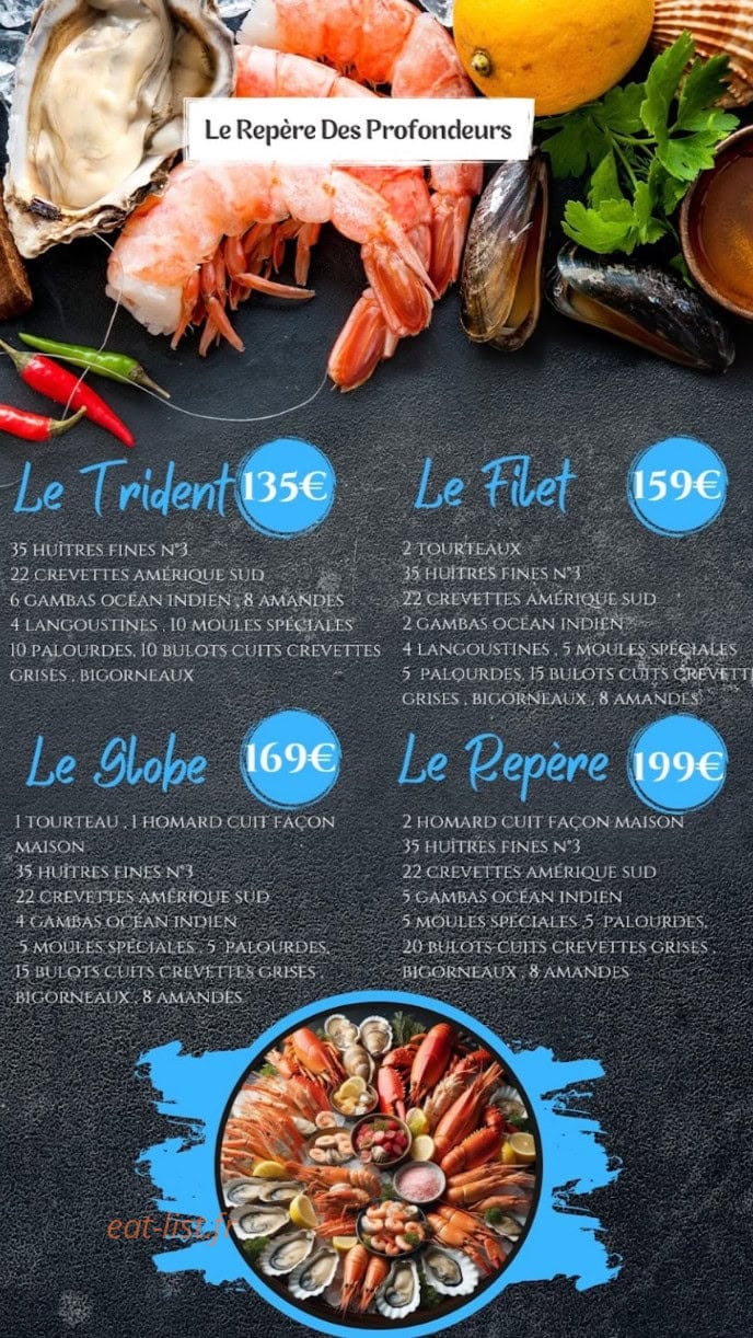 Carte et menu de Le Repère Des Profondeurs à Cagnes sur Mer — Trident, filet et slobe,...