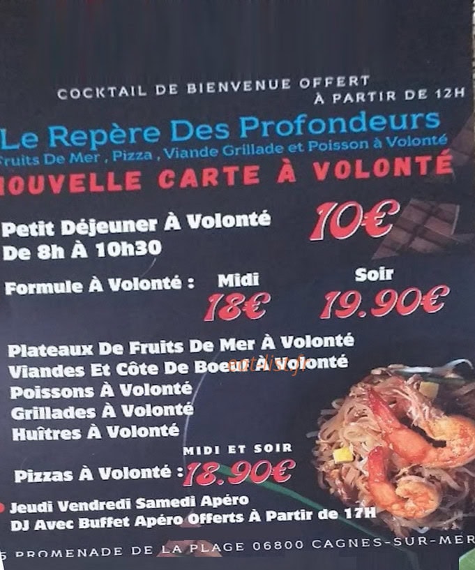 Carte et menu de Le Repère Des Profondeurs à Cagnes sur Mer — Carte à volonté