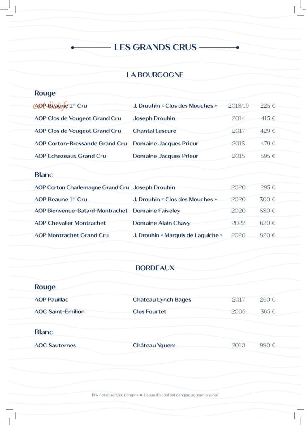 Carte et menu de Villa Foggia à Cagnes sur Mer — Les grands crus