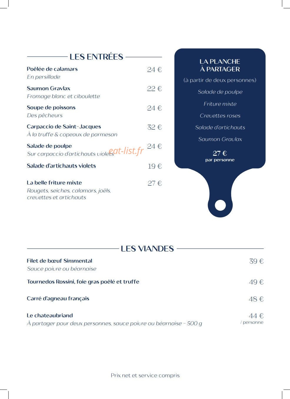 Carte et menu de Villa Foggia à Cagnes sur Mer — Les entrées, viandes et planches