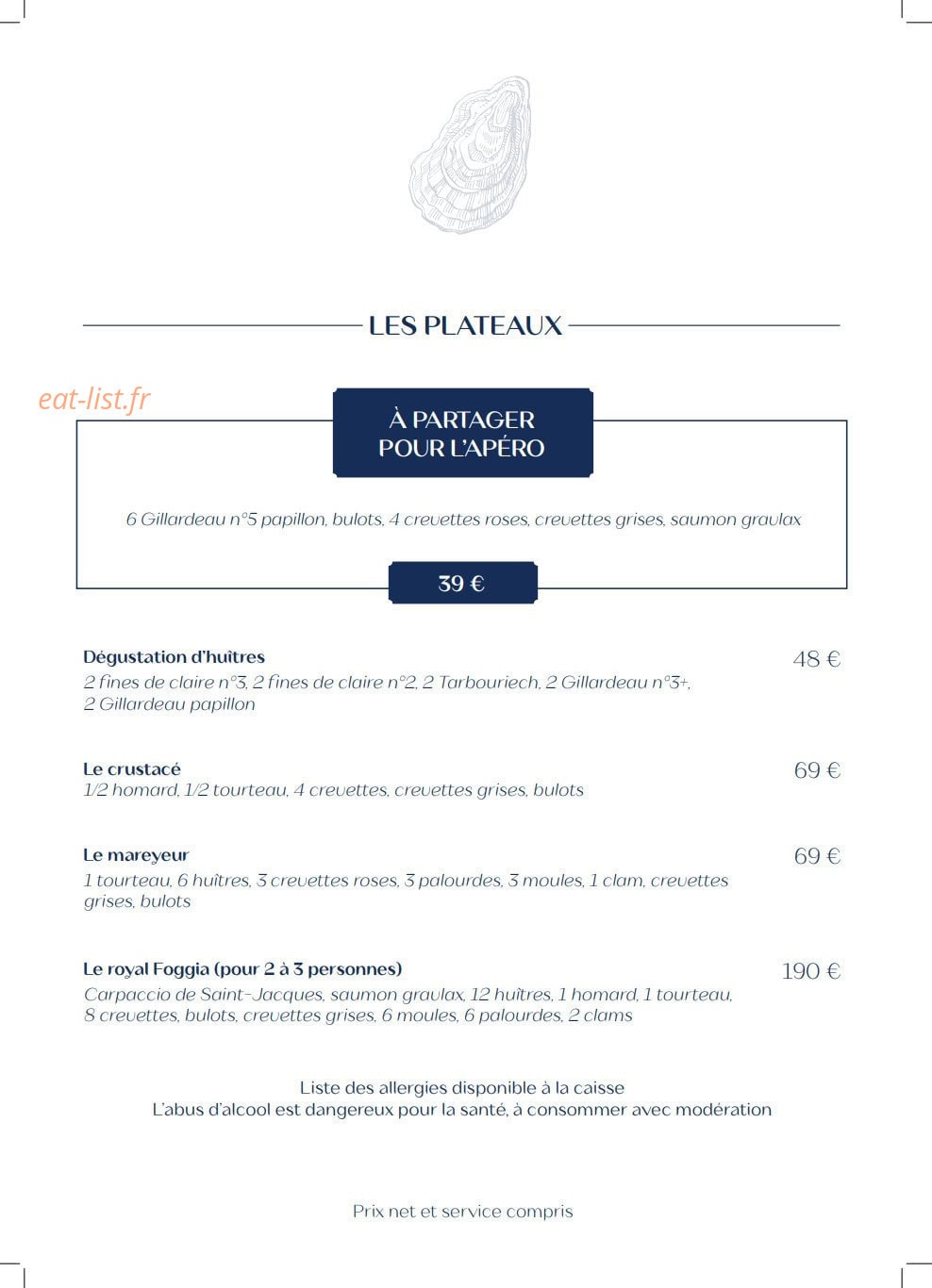 Carte et menu de Villa Foggia à Cagnes sur Mer — Les plateaux